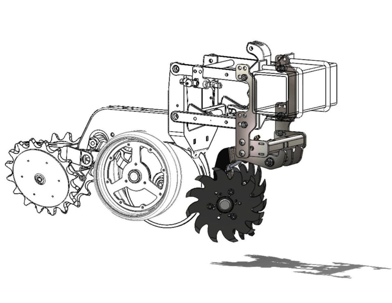 Agricultural machinery sketch with gears and wheels.