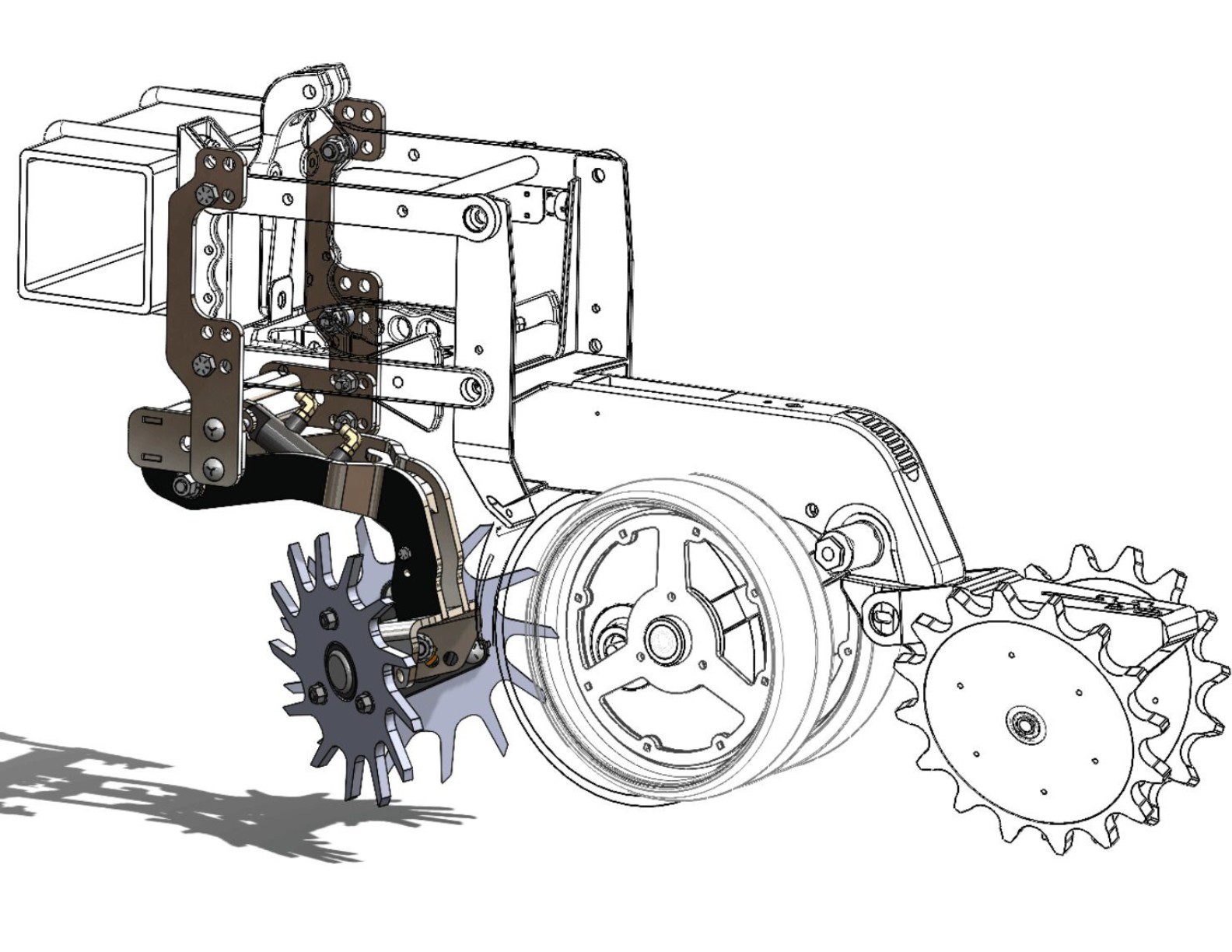 Mechanical wheel assembly with gears and components.