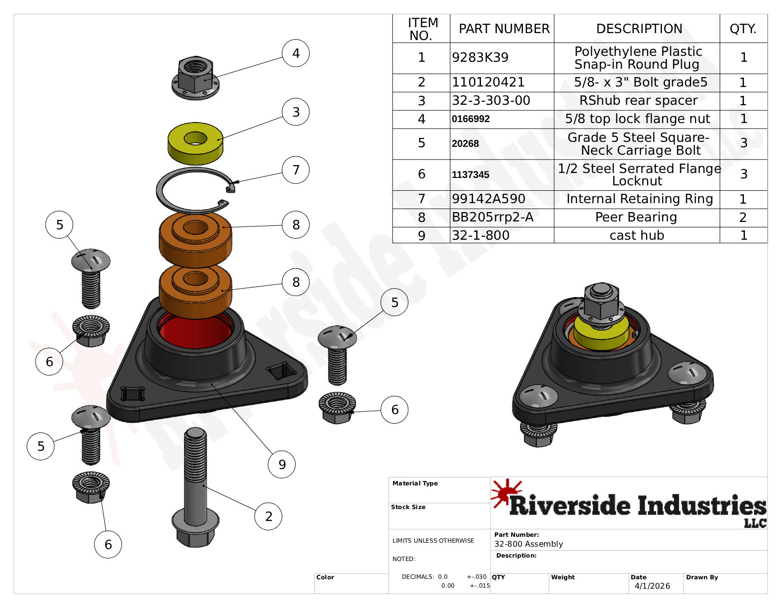 Exploded view of mechanical assembly with parts list.
