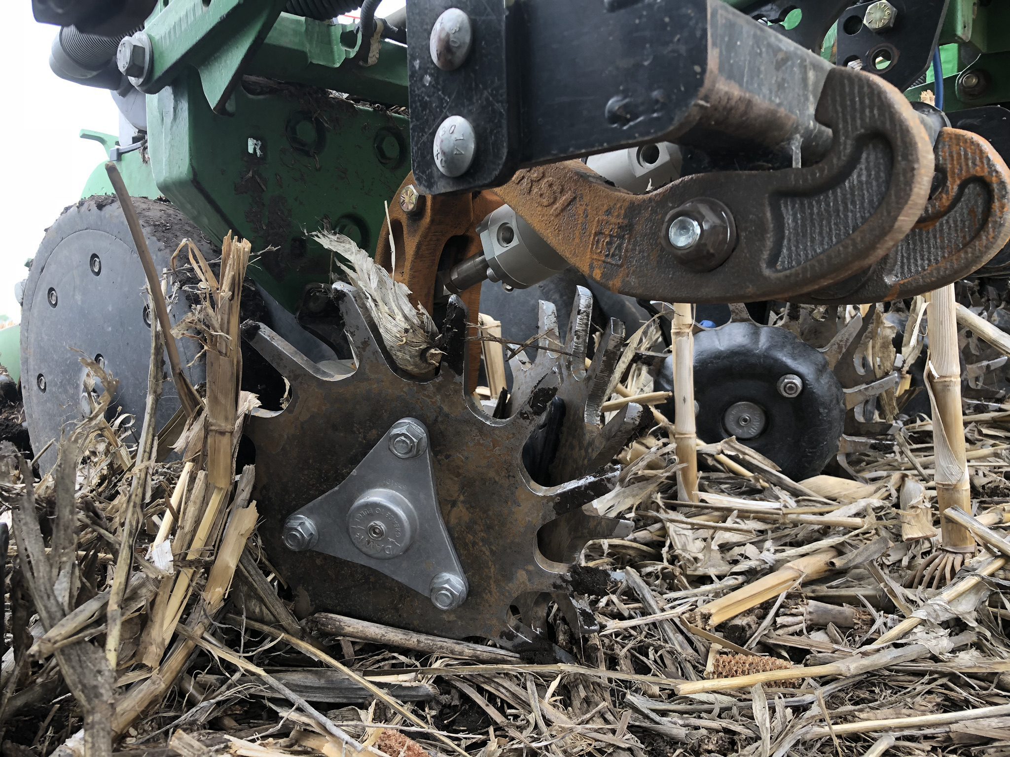 Farm equipment blades cutting through dry stalks.