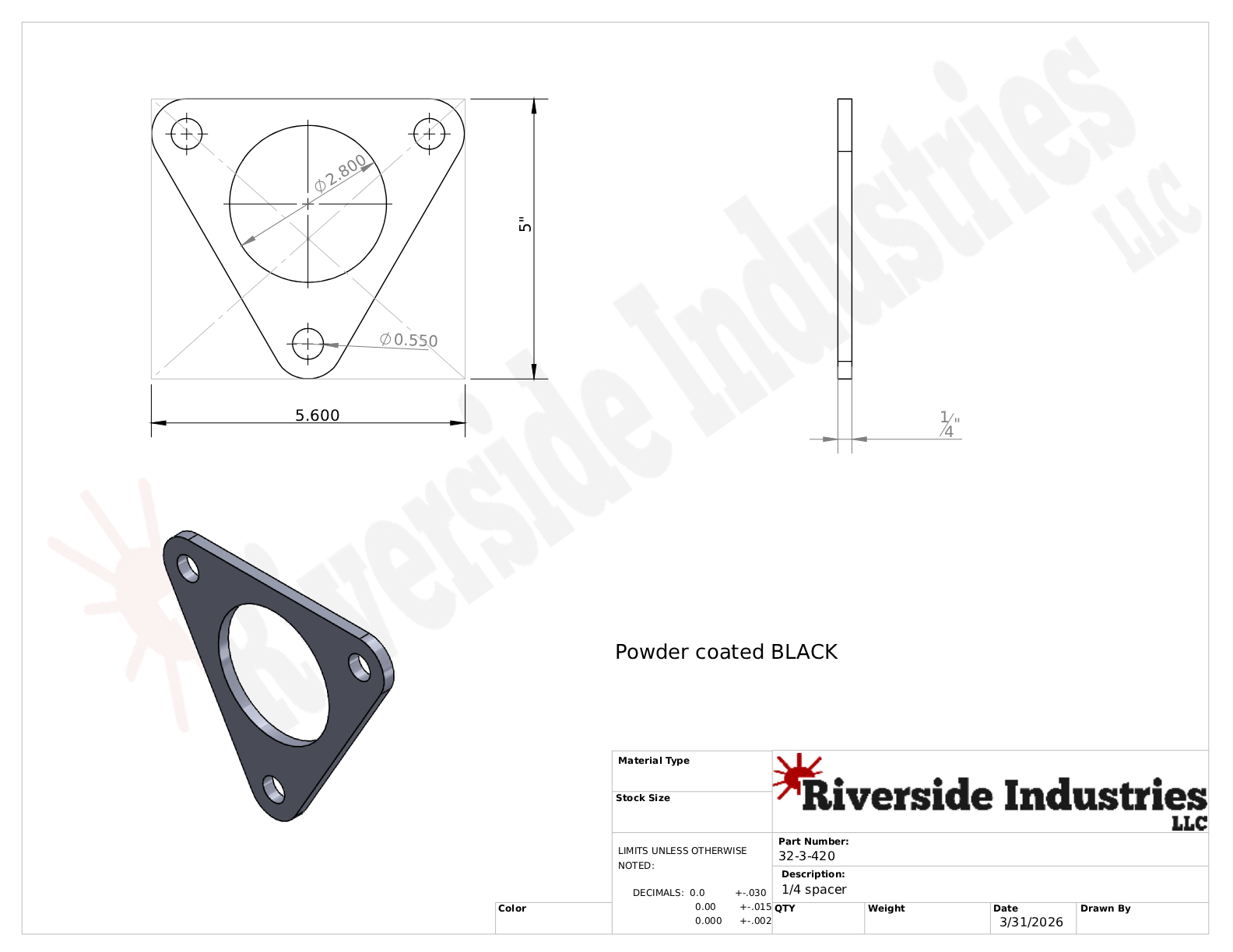 Triangle metal part technical drawing.