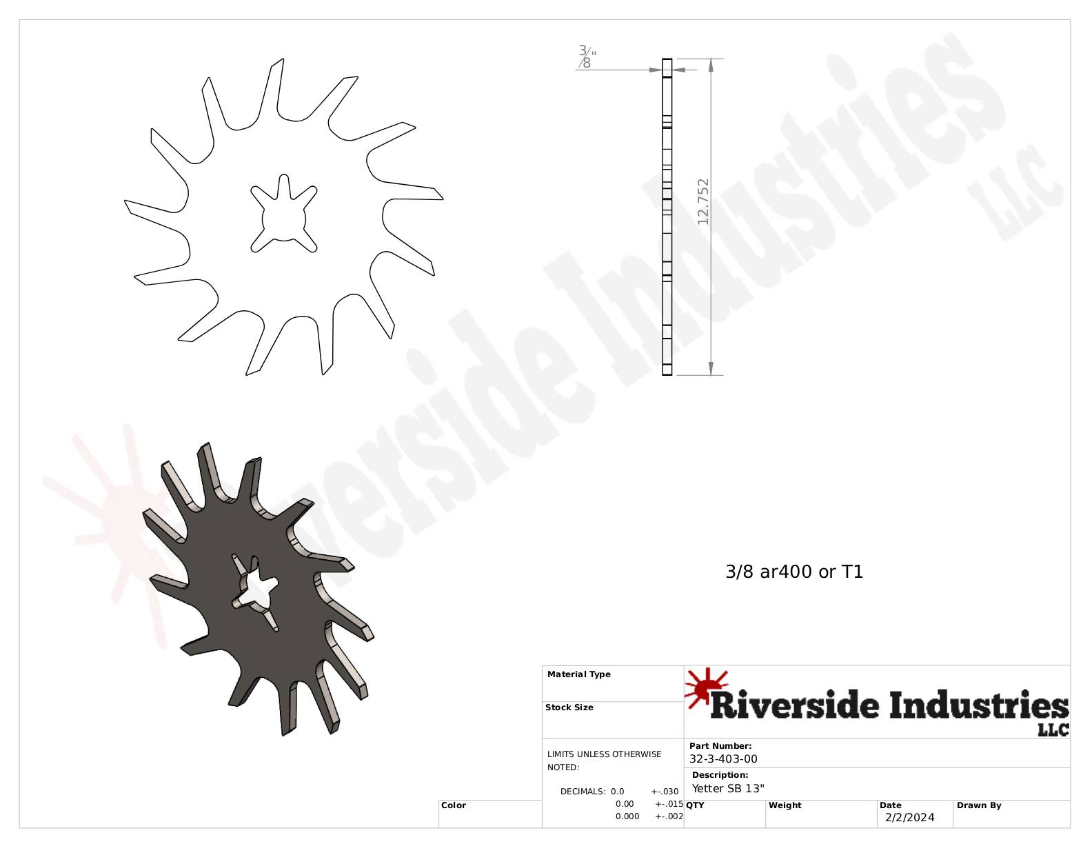 Sprocket technical drawing with measurements and dimensions.