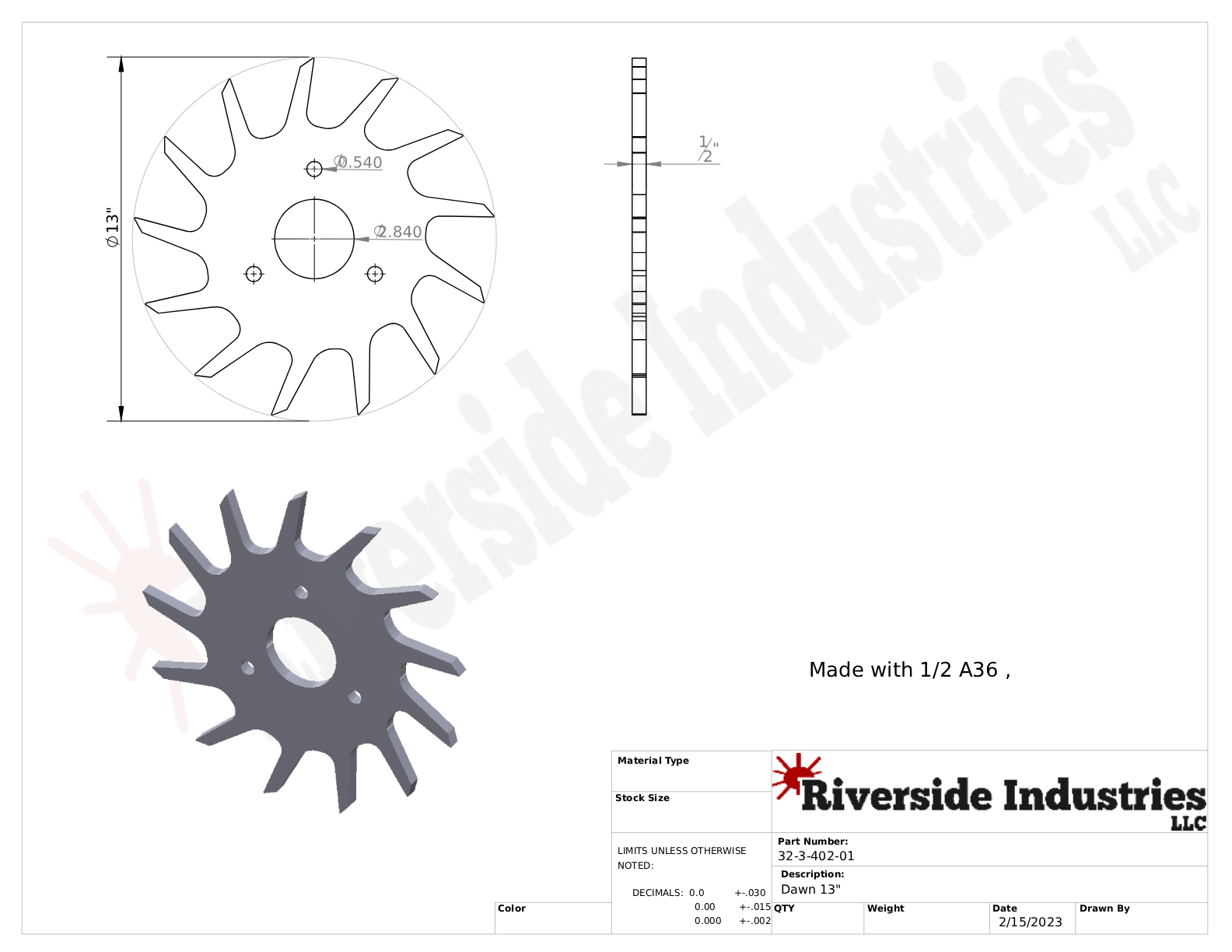 Mechanical part technical drawing and specifications.