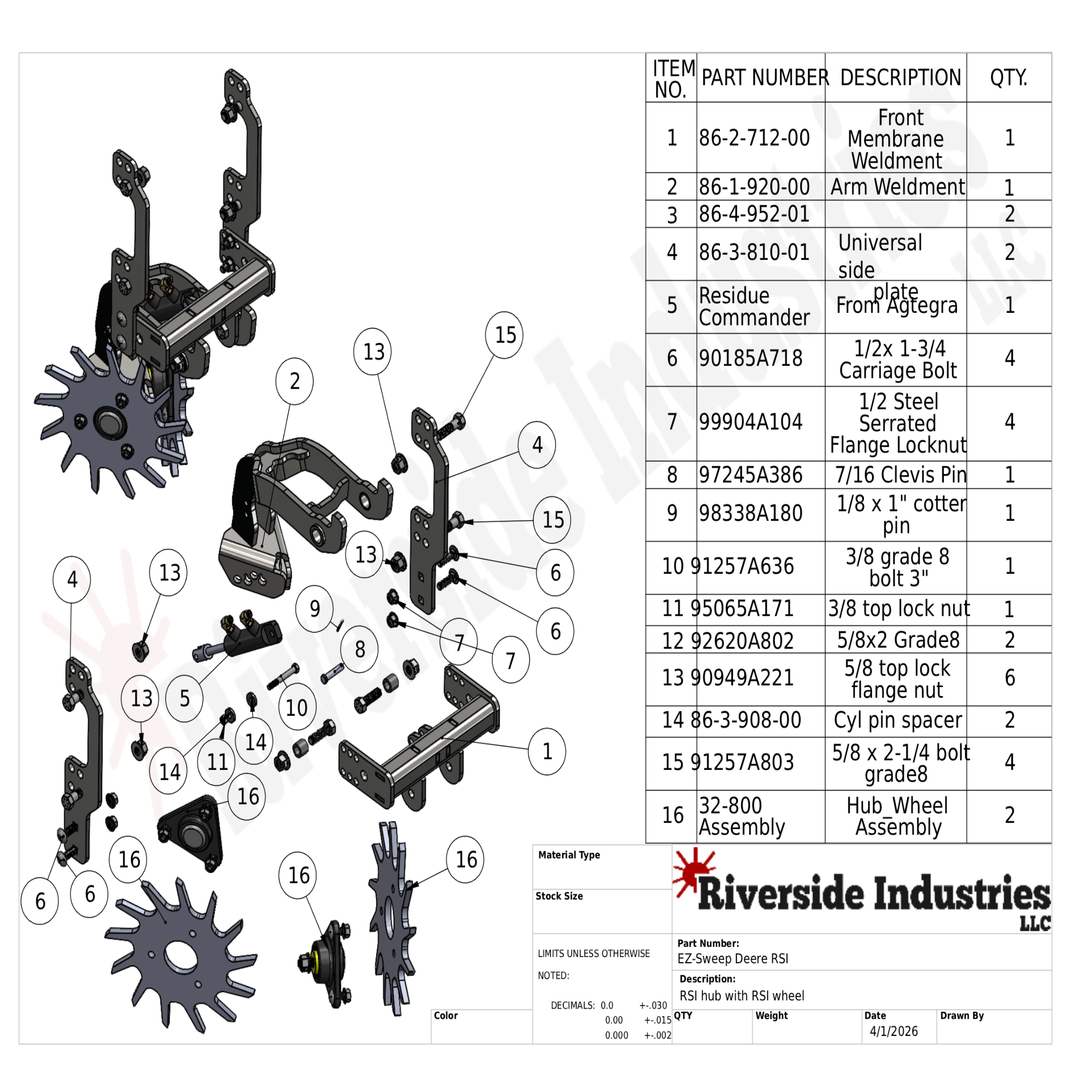 Technical diagram of machinery components with parts list.
