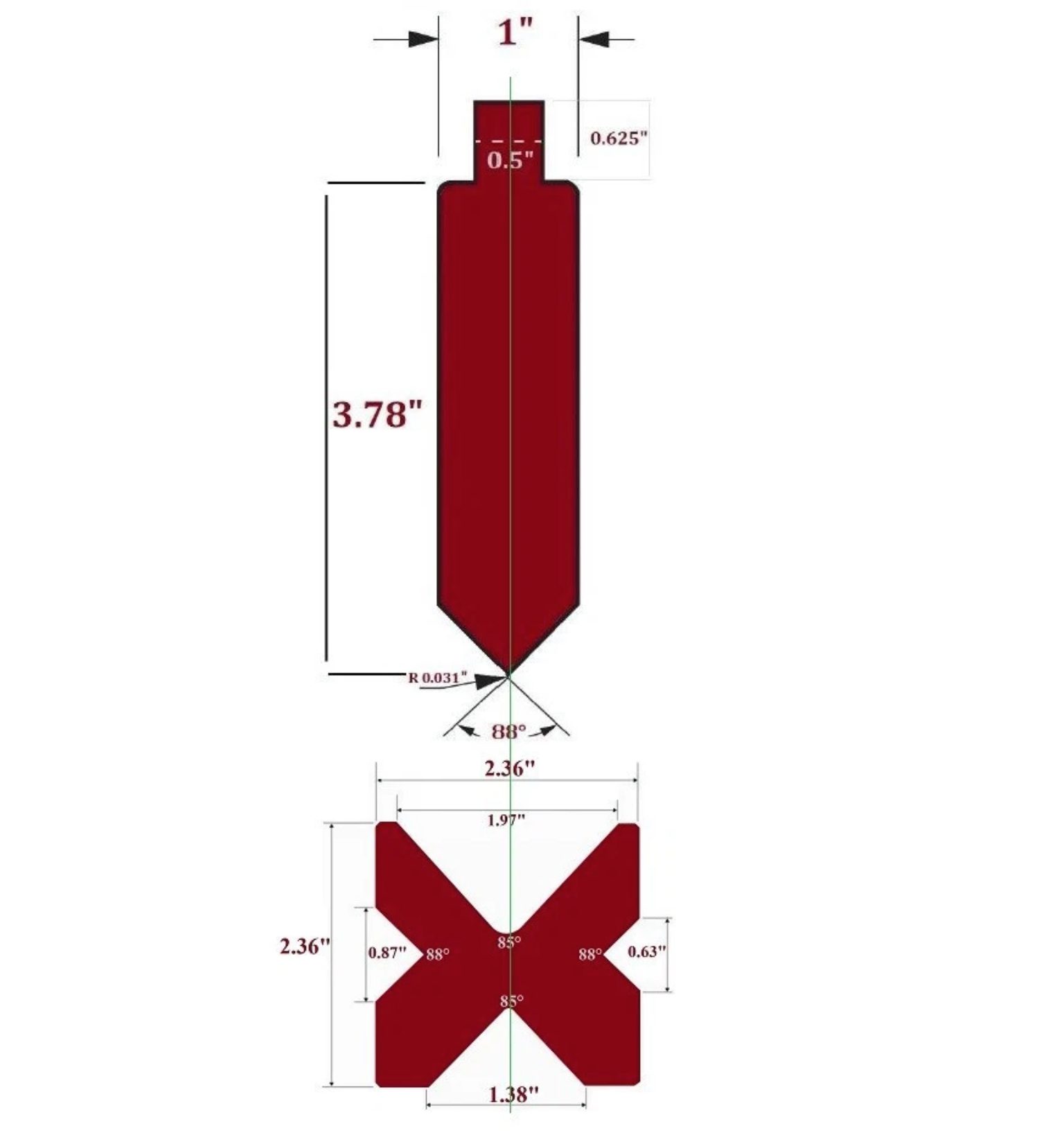 Industrial part dimensions with red geometric shapes.